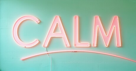 Fototapete - Neon sign spells CALM in pink against teal wall. Simple design evokes peacefulness, serenity, positive vibes. Minimalist aesthetic.