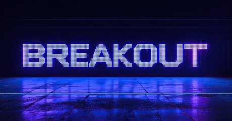 Aufkleber - Bright neon text spells BREAKOUT over dark tiled floor. Dramatic lighting creates futuristic vibe. Minimalist composition focuses on word display.
