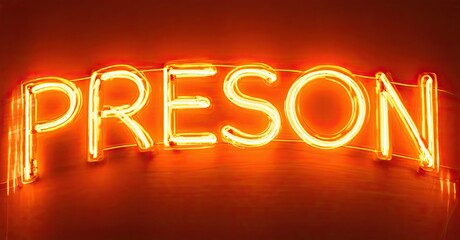 Poster - Bright neon sign spells PRESON. Orange glow illuminates dark background. Reflective surface adds depth, creating vibrant visual impact.