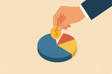 Poster - Hand Placing Dollar Coin on Colorful Pie Chart Representing Financial Investment Strategy