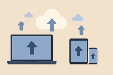 Poster - Cloud Computing Concept with Laptop, Tablet, and Smartphone Uploading Data to Cloud Storage