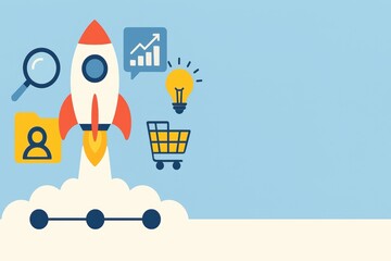 Poster - Business Growth Concept with Rocket Launching and Various Icons Representing Success Strategies