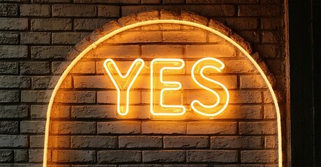 Poster - Bright neon sign spells YES against rustic brick wall. Warm glow illuminates dark space, creating inviting atmosphere.
