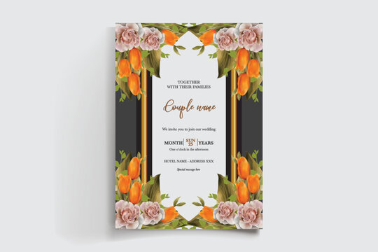 WEDDING INVITATION FRAME WITH FLOWER DECORATIONS AND FRESH LEAVES
