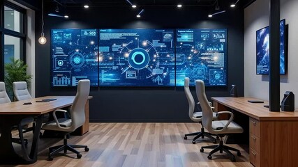 Poster - Conference room has a big display showing data visuals with modern office furniture forming a setting ideal for analytics briefs startup pitches board meetings tutorials or remote collaboration videos