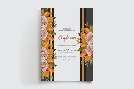 WEDDING INVITATION FRAME WITH FLOWER DECORATIONS AND FRESH LEAVES