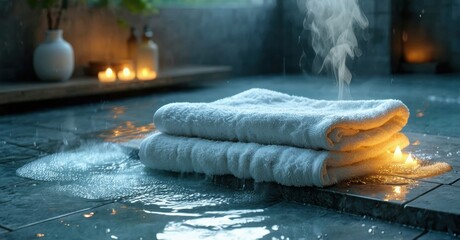 Poster - Warm towels rest near water, candles illuminate scene. Steam rises, creating relaxing, moody atmosphere. Soft lighting enhances tranquility.