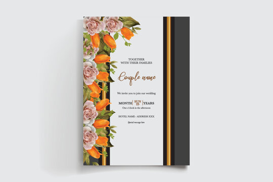 WEDDING INVITATION FRAME WITH FLOWER DECORATIONS AND FRESH LEAVES