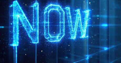 Leinwandbilder - Bright blue NOW text glows against dark background. Digital lines create futuristic effect. Intense visual impact.