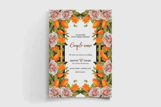 WEDDING INVITATION FRAME WITH FLOWER DECORATIONS AND FRESH LEAVES
