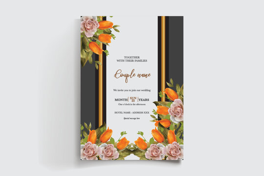 WEDDING INVITATION FRAME WITH FLOWER DECORATIONS AND FRESH LEAVES