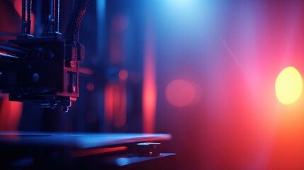 Poster - Close-up of a 3D printer in a dimly lit workshop with colorful lights creating an atmospheric background
