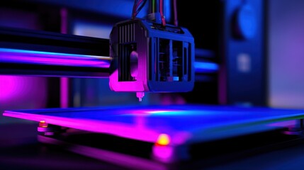Poster - Close-up of a 3D printer nozzle in action, illuminated by vibrant purple lights, showcasing technology