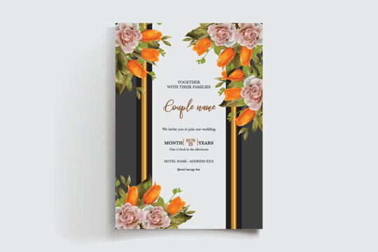 WEDDING INVITATION FRAME WITH FLOWER DECORATIONS AND FRESH LEAVES