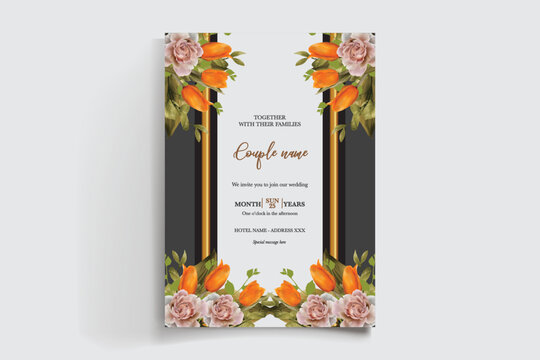 WEDDING INVITATION FRAME WITH FLOWER DECORATIONS AND FRESH LEAVES