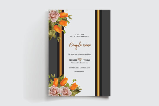 WEDDING INVITATION FRAME WITH FLOWER DECORATIONS AND FRESH LEAVES
