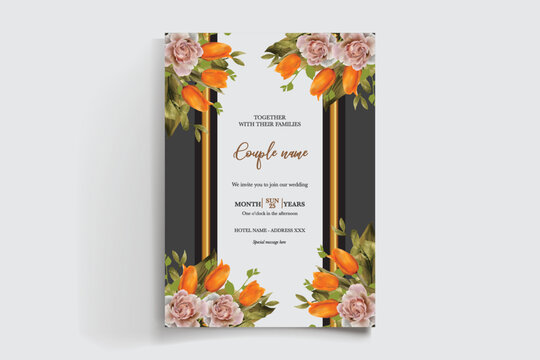 WEDDING INVITATION FRAME WITH FLOWER DECORATIONS AND FRESH LEAVES