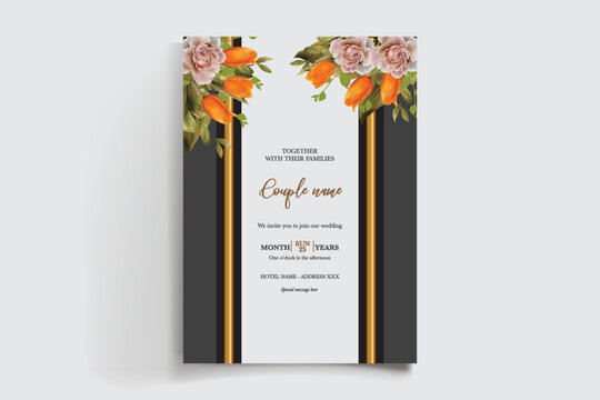 WEDDING INVITATION FRAME WITH FLOWER DECORATIONS AND FRESH LEAVES