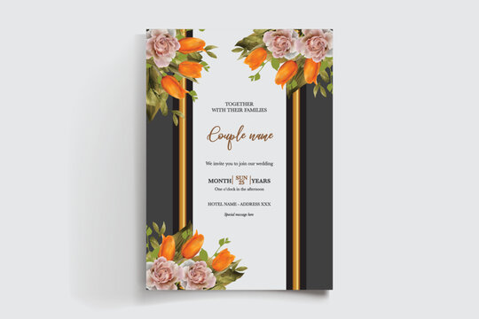 WEDDING INVITATION FRAME WITH FLOWER DECORATIONS AND FRESH LEAVES
