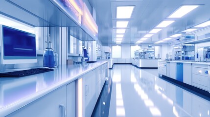 Poster - Modern laboratory interior with sleek surfaces, bright lighting, and advanced equipment in use