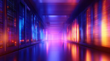 Aufkleber - Futuristic data center corridor illuminated by vibrant lights, showcasing advanced technology and design