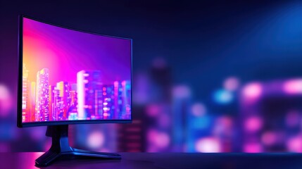 Poster - Vibrant curved monitor displaying a futuristic city skyline at night with glowing lights