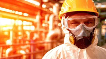 Poster - Worker in protective gear, focused on safety in an industrial environment with machinery