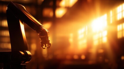Poster - Robotic arm positioned in a sunlit industrial workshop, highlighting innovation and technology