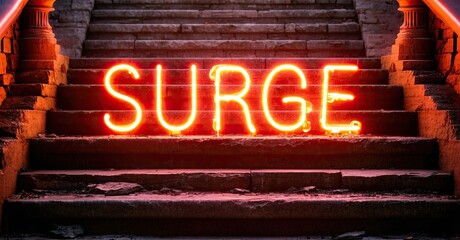 Aufkleber - Bright neon sign spells SURGE upon stone steps. Dramatic lighting creates intense contrast, emphasizing words glow. Dark background enhances visual impact.