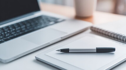 Poster - A serene workspace featuring a laptop, notebook, and pen, with a coffee cup in the background