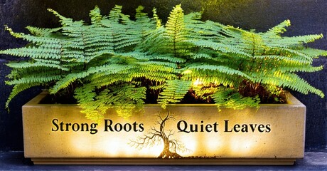 Poster - Ferns grow from rectangular planter. Text reads Strong Roots, Quiet Leaves. Warm light emanates from within container. Simple, calming image.