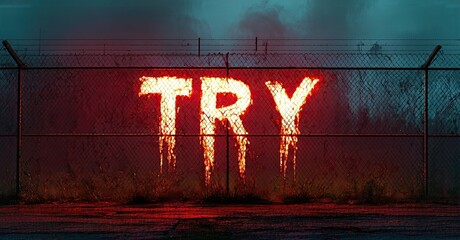 Fototapete - Fiery text spells TRY against chainlink fence. Dark, ominous sky provides dramatic backdrop. Red glow dominates scene.