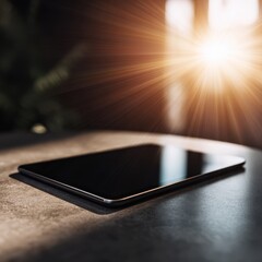 Poster - A sleek tablet rests on a dark surface, illuminated by warm sunlight, creating a serene atmosphere