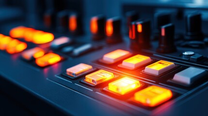 Poster - Close-up of illuminated control panel with buttons and knobs in a modern studio setting