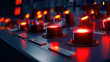 Poster - Close-up of illuminated control panel with red lights and knobs in a dark setting