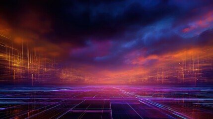 Poster - Futuristic landscape with vibrant neon colors and dramatic clouds at sunset, evoking technology