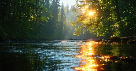 Aufkleber - Forest stream reflects sunlight. Lush greenery surrounds water, creating peaceful scene. Mist hangs among trees.