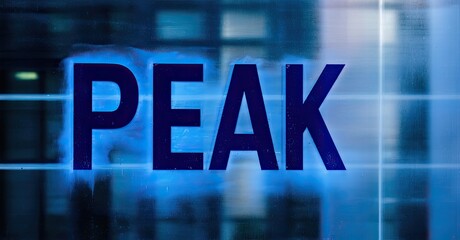 Aufkleber - Bright word PEAK dominates image. Blue tones, blurred background suggest modern setting. Minimalist design, strong visual impact.