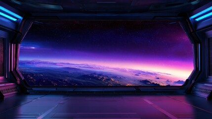 Wall Mural - Futuristic space station interior showcasing a stunning cosmic view of distant planets and stars