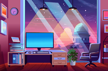 Poster - A cozy office interior featuring a desk, computer, and a view of an observatory under a starry sky with warm colors.