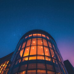 Wall Mural - modern glass building illuminated at night under a starry sky with a serene urban backdrop