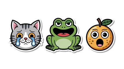 Naklejka na meble Cartoon stickers of a crying grey cat, a laughing green frog, and a surprised orange are displayed against a transparent background, ready to be used in digital artwork or messaging