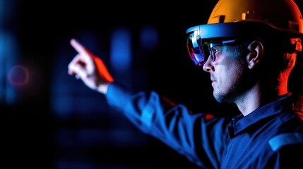 Poster - Worker in safety gear using augmented reality glasses to interact with digital interface
