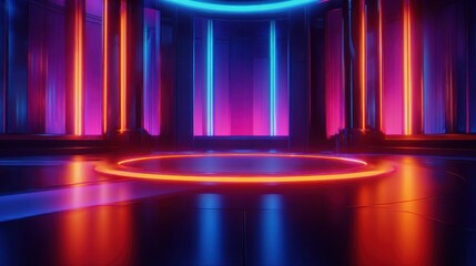 Poster - Futuristic neon-lit studio with vibrant colors and glowing circular platform, ideal for creative projects