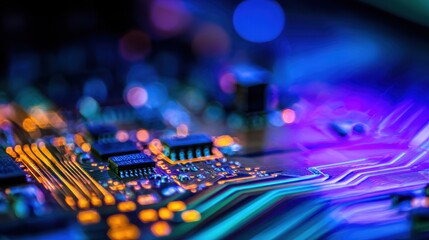 Aufkleber - Close-up of a vibrant circuit board showcasing intricate electronic components and glowing connections