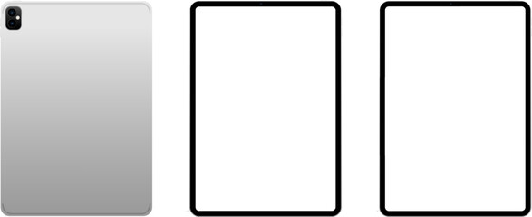 Poster - Vector mockup of a modern silver tablet shown from back and front angles. Ideal for showcasing apps, UI/UX design, and responsive digital product concepts.