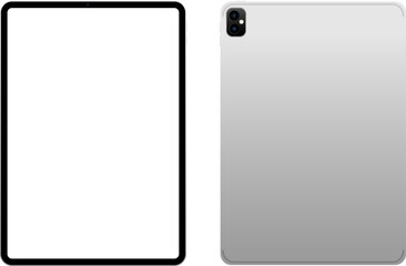 Poster - Vector mockup of a modern silver tablet shown from back and front angles. Ideal for showcasing apps, UI/UX design, and responsive digital product concepts.