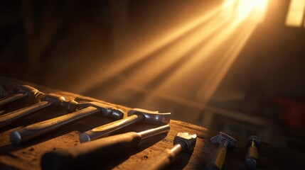 Poster - A collection of various hand tools arranged on a wooden workbench illuminated by sunlight
