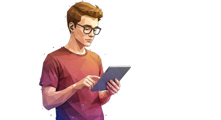 Poster - Young man with glasses and earbud using a tablet on white background, low poly style for modern technology concept, with copy space.