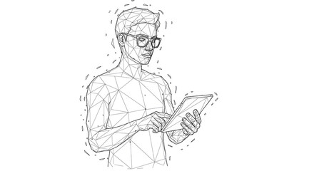 Poster - Man in futuristic wireframe wearing glasses using tablet. Digital technology and virtual reality concept. For web header design.